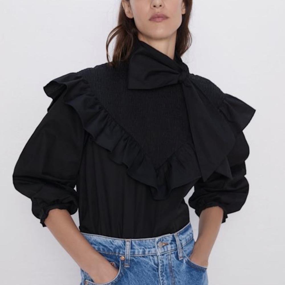NWT Zara Black Poplin Smocked Bow Ruffle Long Sleeve Top Small